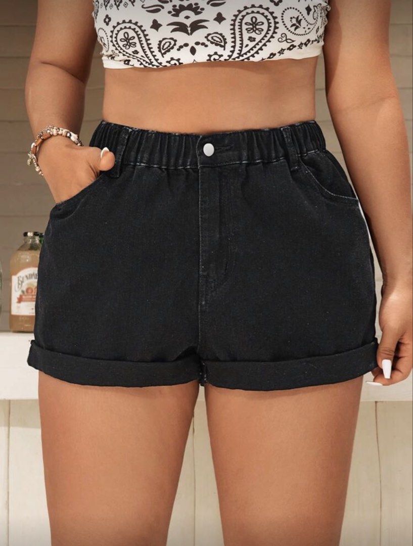 Shein Plus 0XL Black Denim Shorts (Category: Shorts) located in Mandaluyong City. Submitted by annestuffing (Listing ID 1421820729, Image 1). Description: - Black denim shorts - Elastic waistband - Two front and two back pockets - Rolled hem - Size: 0XL - Waist: 31.5-46.5 inches - Hips: 48 inches - Length: 13.1 inches.