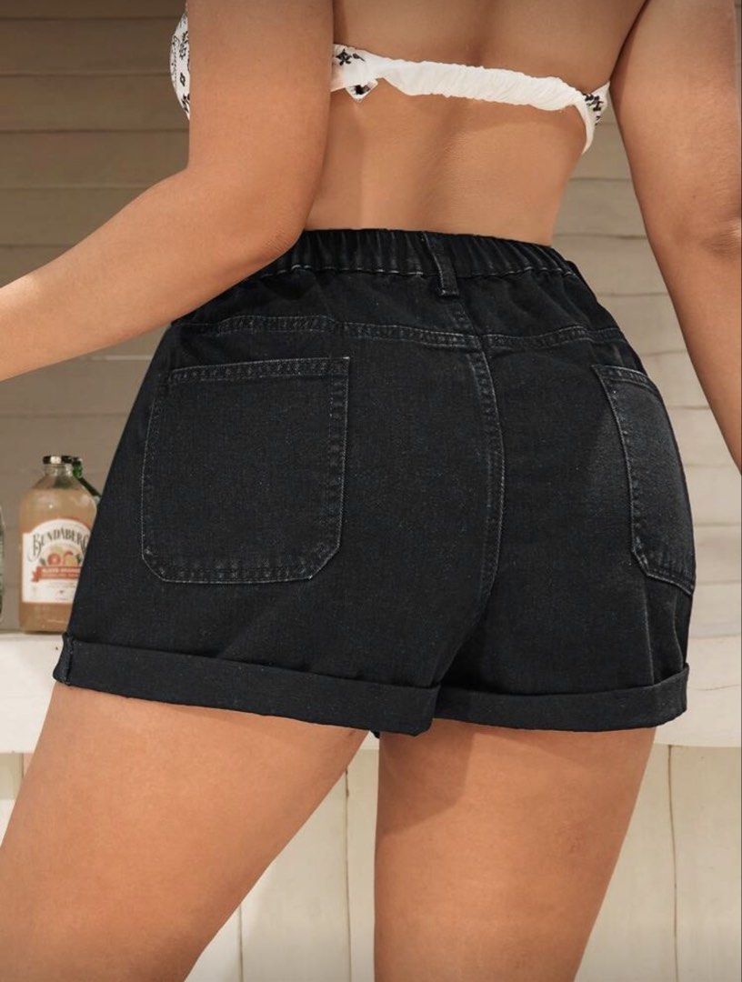 Shein Plus 0XL Black Denim Shorts (Category: Shorts) located in Mandaluyong City. Submitted by annestuffing (Listing ID 1421820729, Image 2). Description: - Black denim shorts - Elastic waistband - Two front and two back pockets - Rolled hem - Size: 0XL - Waist: 31.5-46.5 inches - Hips: 48 inches - Length: 13.1 inches.