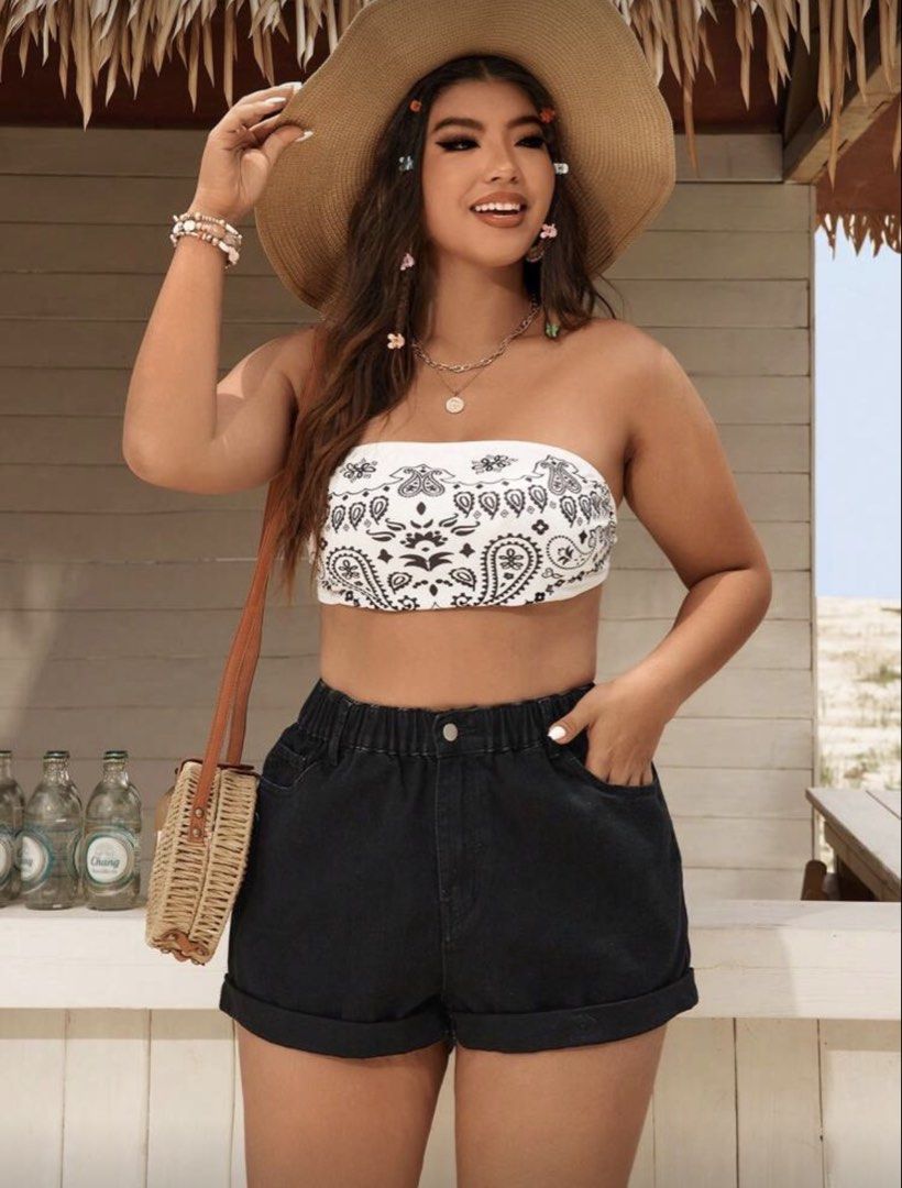 Shein Plus 0XL Black Denim Shorts (Category: Shorts) located in Mandaluyong City. Submitted by annestuffing (Listing ID 1421820729, Image 3). Description: - Black denim shorts - Elastic waistband - Two front and two back pockets - Rolled hem - Size: 0XL - Waist: 31.5-46.5 inches - Hips: 48 inches - Length: 13.1 inches.