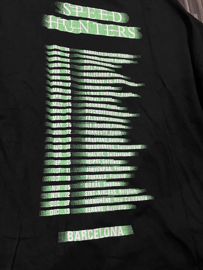 Speed Hunters Balenciaga Graphic Tee (Category: Tshirts & Polo Shirts ) located in Bocaue. Submitted by vintagecollector_ (Listing ID 1421903094, Image 3). Description: Cut tags, declaired OFF - Black Speed Hunters graphic tee - Lists cities on the back - Measurements: - Length: Approximately 32 inches - Width: Approximately 23 inches .