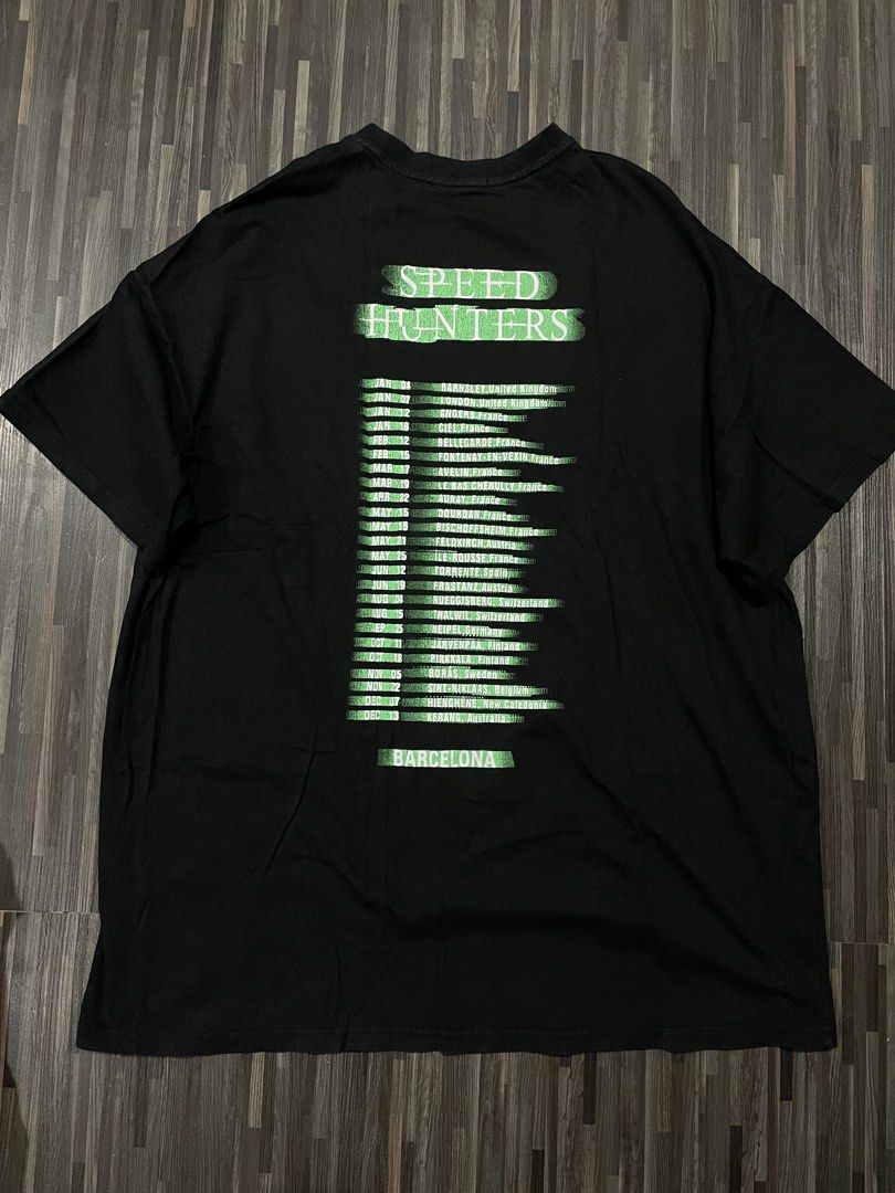 Speed Hunters Balenciaga Graphic Tee (Category: Tshirts & Polo Shirts ) located in Bocaue. Submitted by vintagecollector_ (Listing ID 1421903094, Image 2). Description: Cut tags, declaired OFF - Black Speed Hunters graphic tee - Lists cities on the back - Measurements: - Length: Approximately 32 inches - Width: Approximately 23 inches .