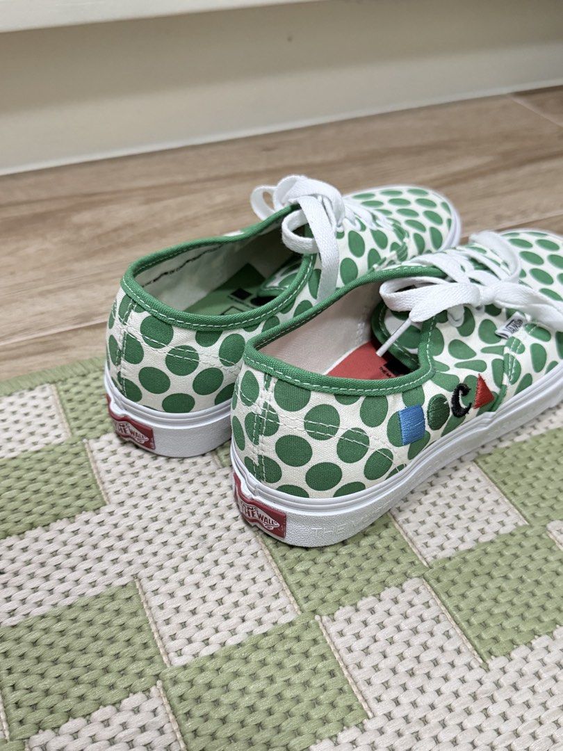 Vans x MoCa Sneakers (Category: Sneakers) located in Taguig. Submitted by issa23fourfive (Listing ID 1421861069, Image 3). Description: - Vans Authentic sneakers - Unique green polka dot design - White laces and sole - Green inner lining - Colorful embroidered details - Vans logo on the side - MoCa logo on the sole - Box not included.