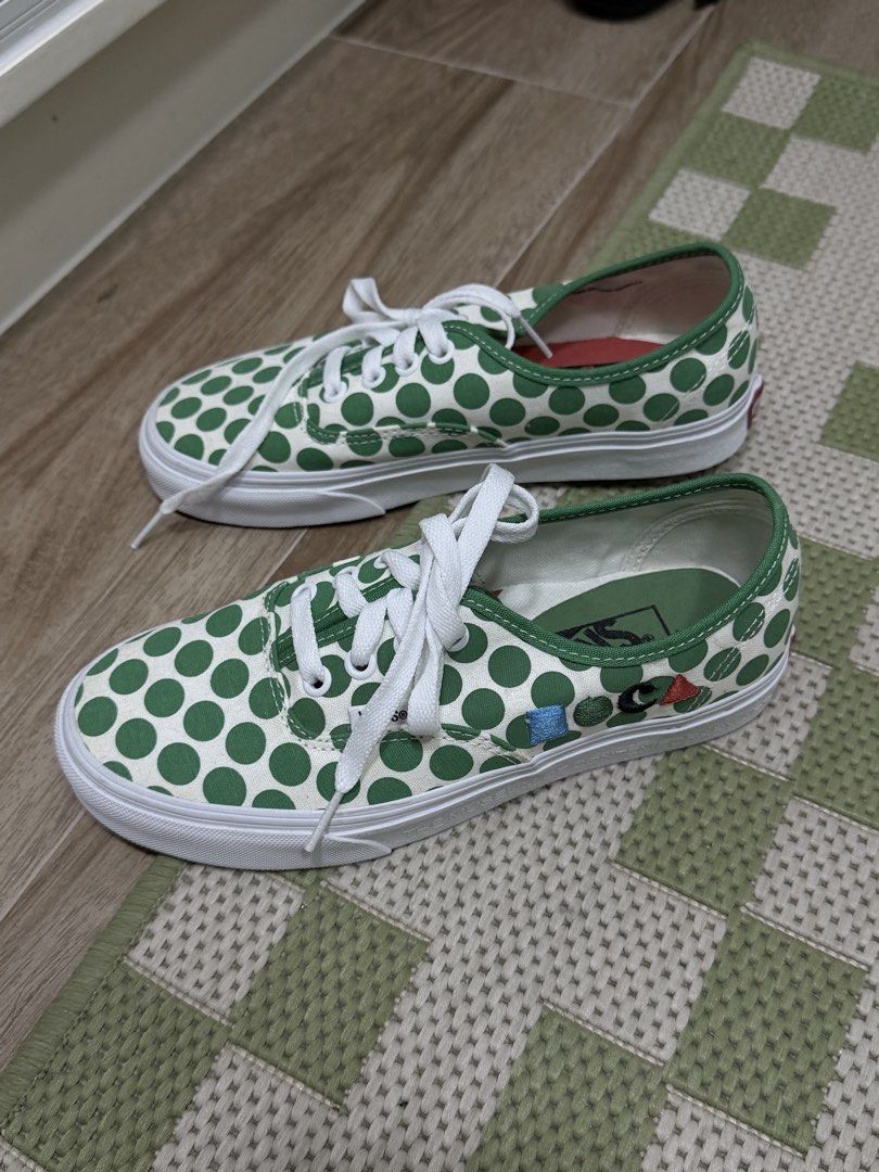 Vans x MoCa Sneakers (Category: Sneakers) located in Taguig. Submitted by issa23fourfive (Listing ID 1421861069, Image 2). Description: - Vans Authentic sneakers - Unique green polka dot design - White laces and sole - Green inner lining - Colorful embroidered details - Vans logo on the side - MoCa logo on the sole - Box not included.