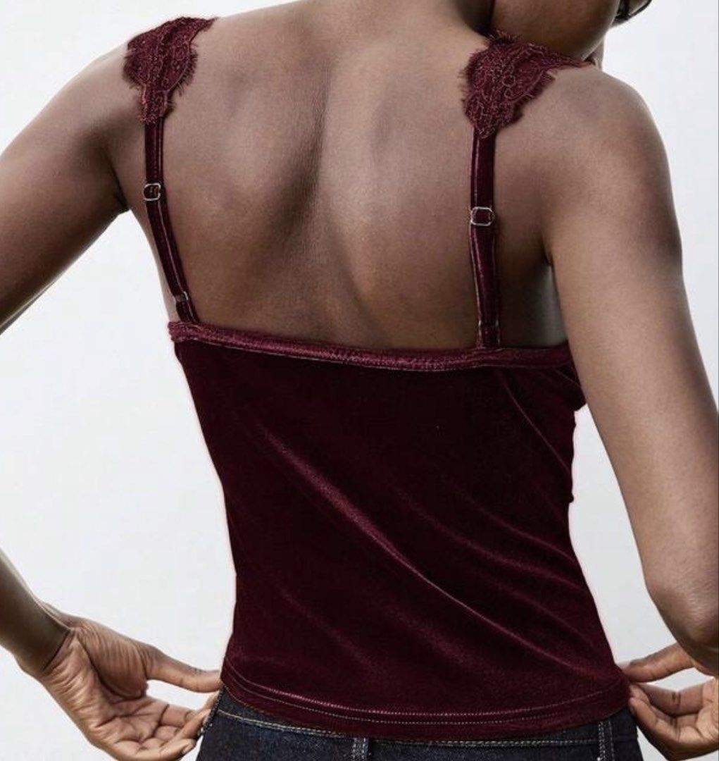 Velvet Cami Top with Lace (Category: Sleeveless) located in Manila. Submitted by k4eli (Listing ID 1421863142, Image 2). Description: - Rich burgundy color - Delicate lace detailing - Gold-tone flower accent - Adjustable straps.