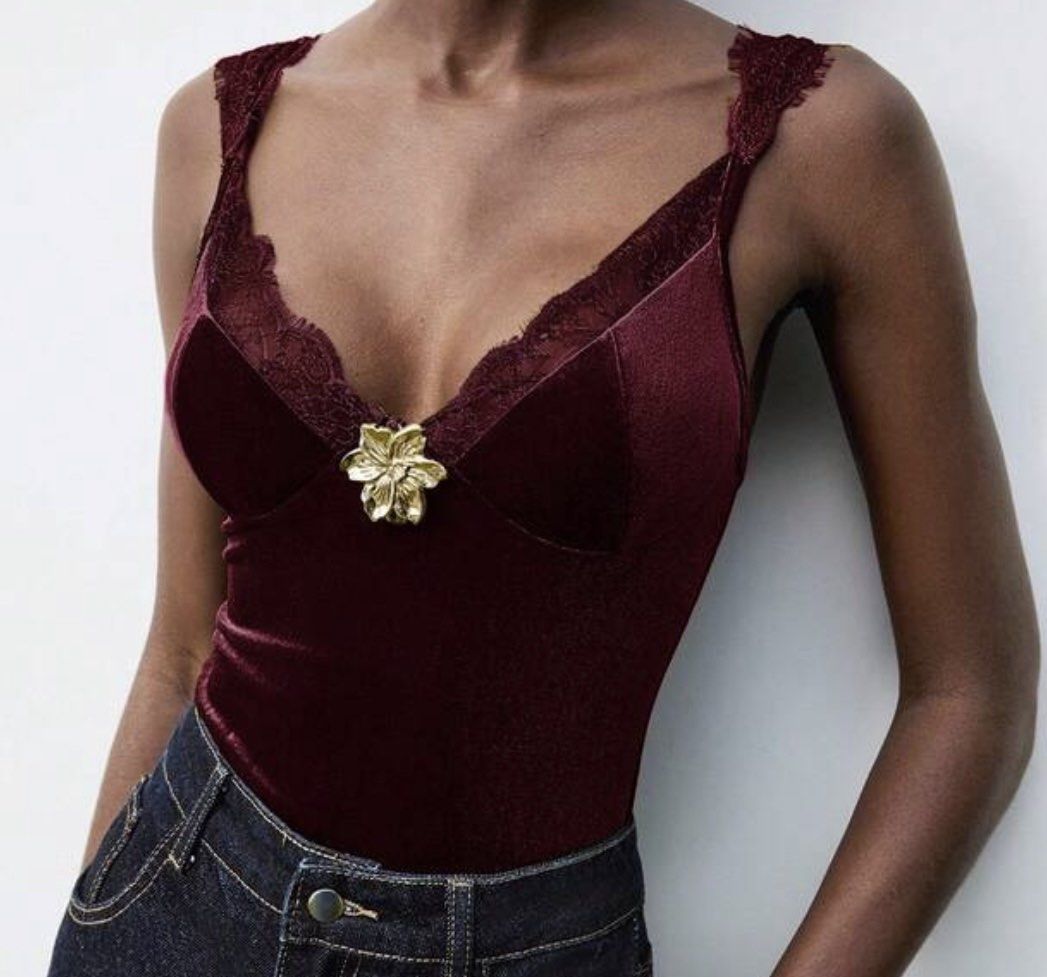 Velvet Cami Top with Lace (Category: Sleeveless) located in Manila. Submitted by k4eli (Listing ID 1421863142, Image 1). Description: - Rich burgundy color - Delicate lace detailing - Gold-tone flower accent - Adjustable straps.