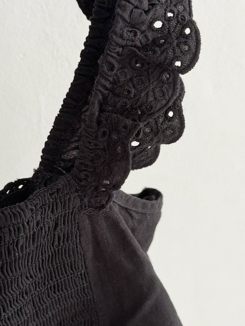 Zara Black Eyelet Crop Top (Category: Sleeveless) located in Taguig. Submitted by issa23fourfive (Listing ID 1421844555, Image 3). Description: - Zara Black crop top - Eyelet detailing - Ruffled straps - Square neckline - Smocked back panel 🌼Mode of Payment: Gcash BPI Maya 🌼Mode of Delivery: Grab Express/Lalamove .