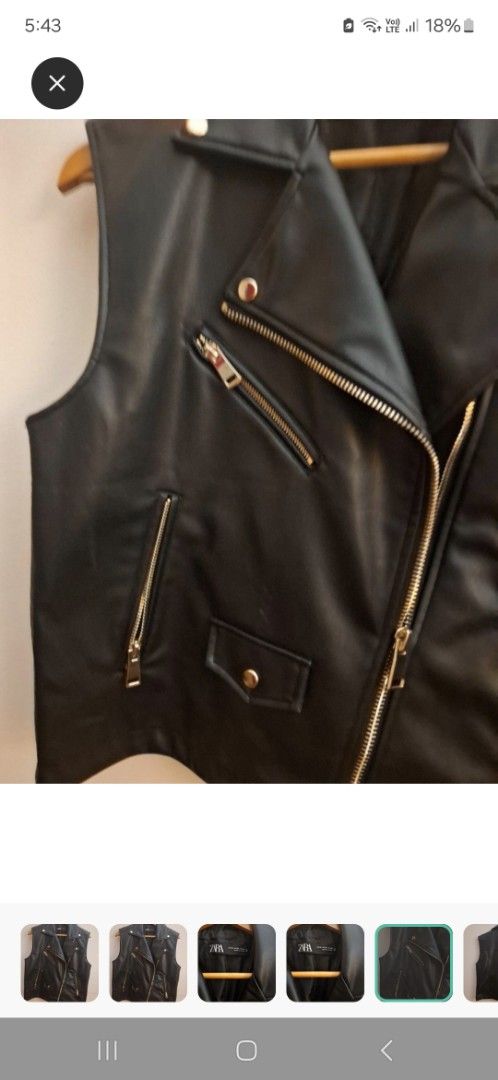 Zara Faux Leather Vest (Category: Coats, Jackets and Outerwear) located in Quezon City. Submitted by cncarousel (Listing ID 1421871454, Image 3). Description: - Zara faux leather vest - Classic biker design - Notched lapel and asymmetrical zip - Multiple zip pockets - Sleeveless - Smooth, sleek finish - Great for layering - Size tag visible xs but fits up to medium.