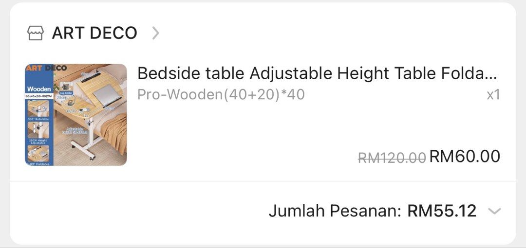 Adjustable Height Bedside Table (Category: Tables & Sets) located in Shah Alam. Submitted by rarebird.b4a092 (Listing ID 1422017871, Image 1). Description: - Adjustable height & foldable design - Made of pro-wooden material - Size: (40+20)*40 - Includes a cup holder - Dedicated section for laptop or tablet - Mounted on wheels for easy mobility.