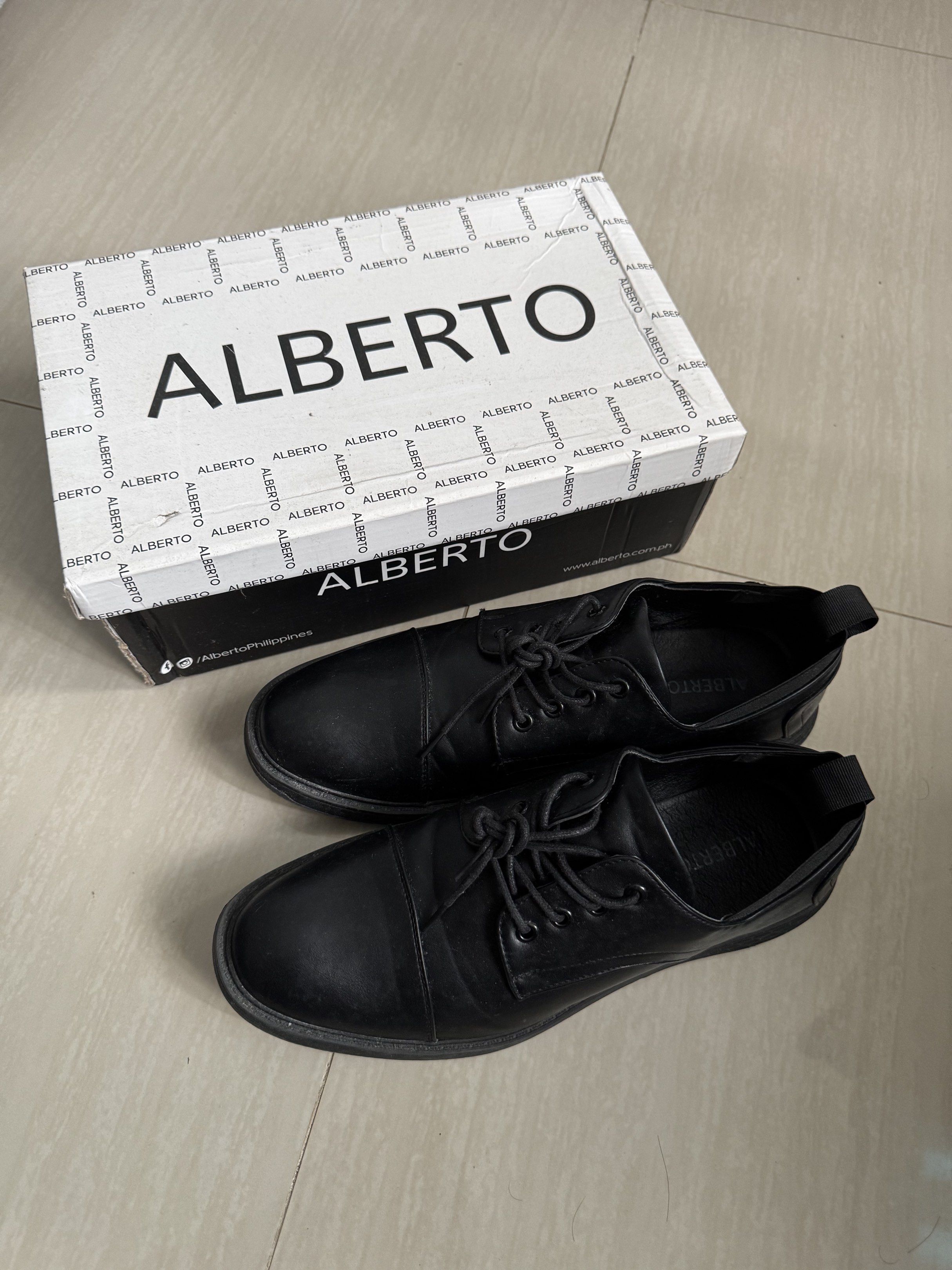 Alberto Edy Black Leather Shoes (Category: Dress Shoes) located in Manila. Submitted by rexign_ (Listing ID 1421971229, Image 1). Description: - Alberto Edy black leather shoes - Size: 44 EU / 11 US - Color: Black - Design: Lace-up - Includes original box - Style code: AW0D 3S U8301 C9999 - From Php 2,199 original price.