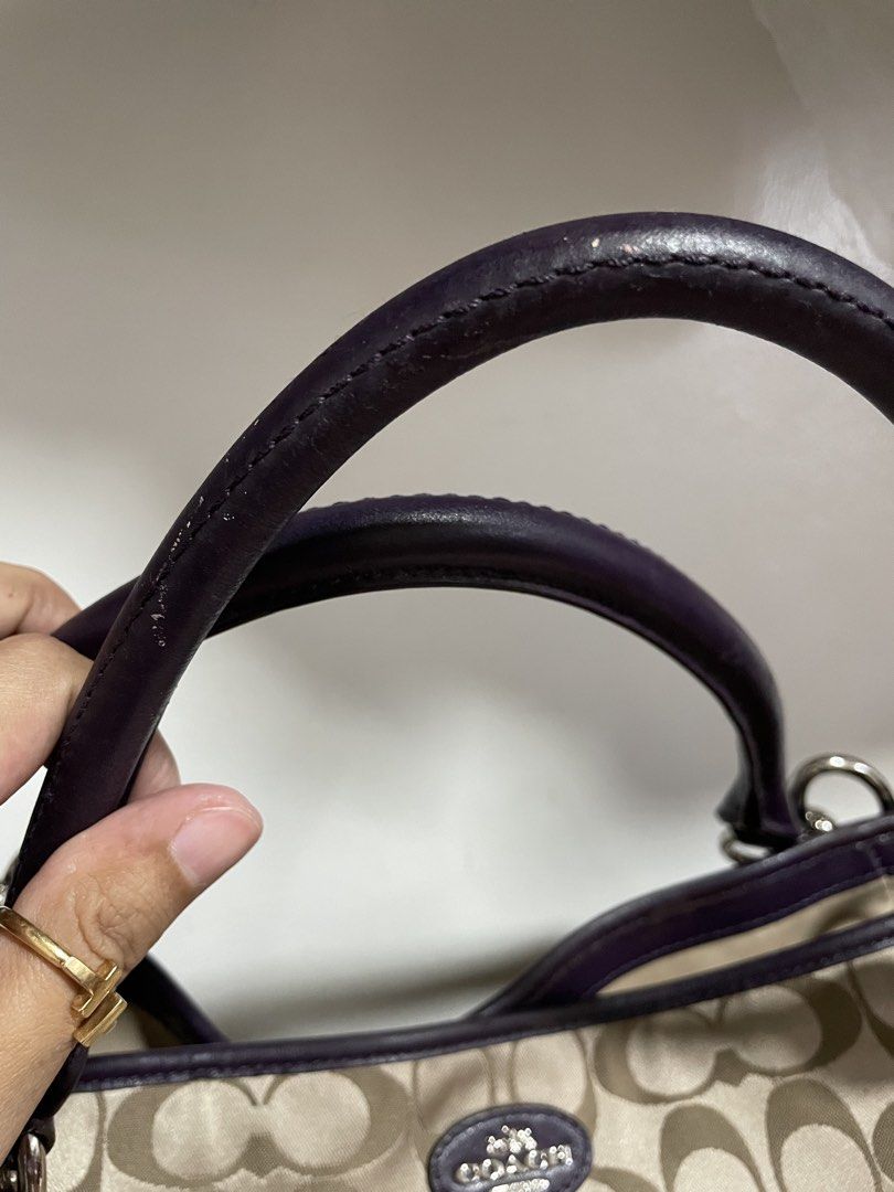 Authentic Coach Colette Signature C Hobo Bag (Category: Luxury Bags & Wallets) located in Guiguinto. Submitted by prelovedinc2024 (Listing ID 1421989185, Image 2). Description: guaranteed authentic, bought un Japan with signs of use - rubs, color transfers, dirt and scratches on leather part silver hardwares - with hairlines but no tarnish purple leather last photo is only for reference size: approx 13x12x3.5”.