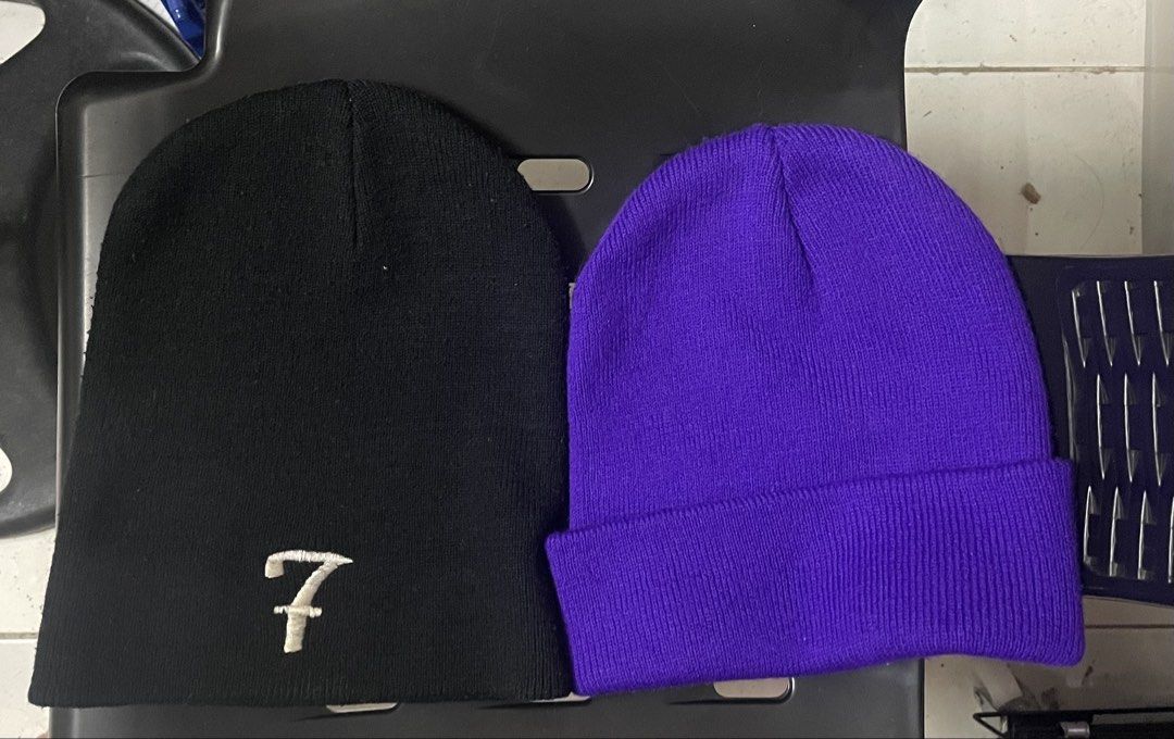 Black and Purple Beanies (Category: Hats & Beanies) located in Manila. Submitted by 2002kid (Listing ID 1421990643, Image 1). Description: - Available: Two beanies - Colors: Black with white "7" embroidery, Purple - Features: Folded cuff - Material: Knitted - all size - 300 take both - 150 each.