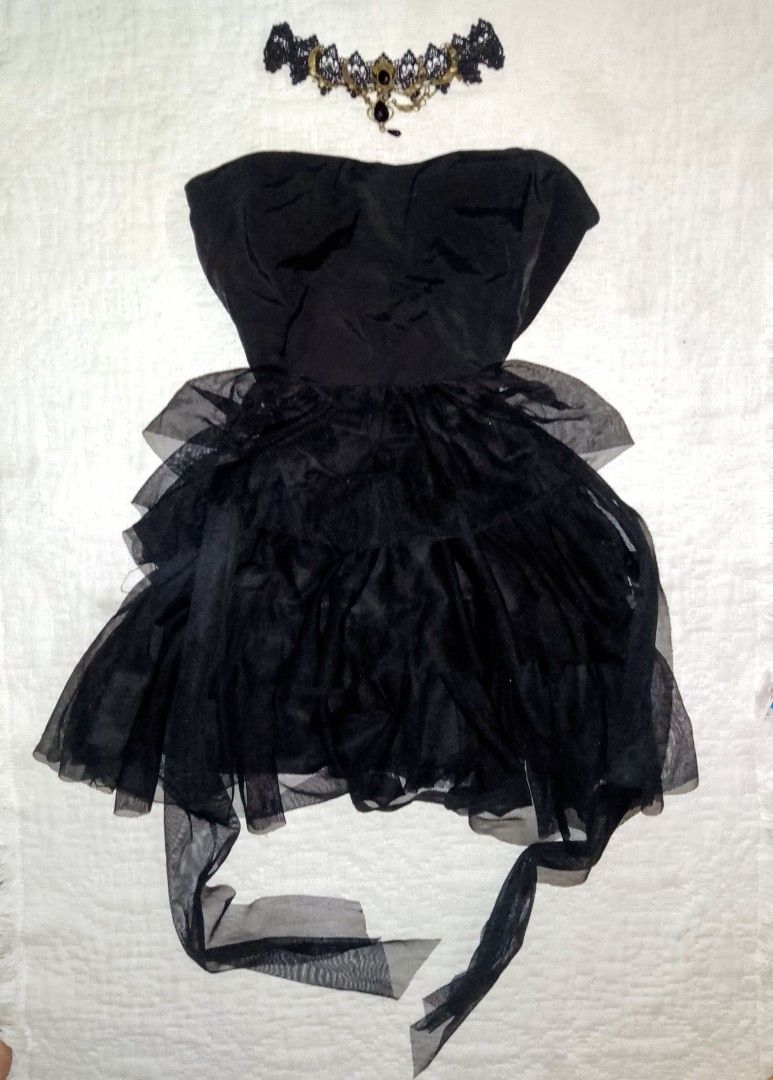 Black Strapless Mini Ruffled Dress with Choker (Category: Dresses) located in Tarlac. Submitted by thriftnikay (Listing ID 1422013931, Image 2). Description: .༘⋆ KIMCHI BLUE PUFFY/RUFFLED TUBE MINI DRESS 𐙚⋆♡ - Tie back - Ready-to-wear outfit - Ideal for special occasions.