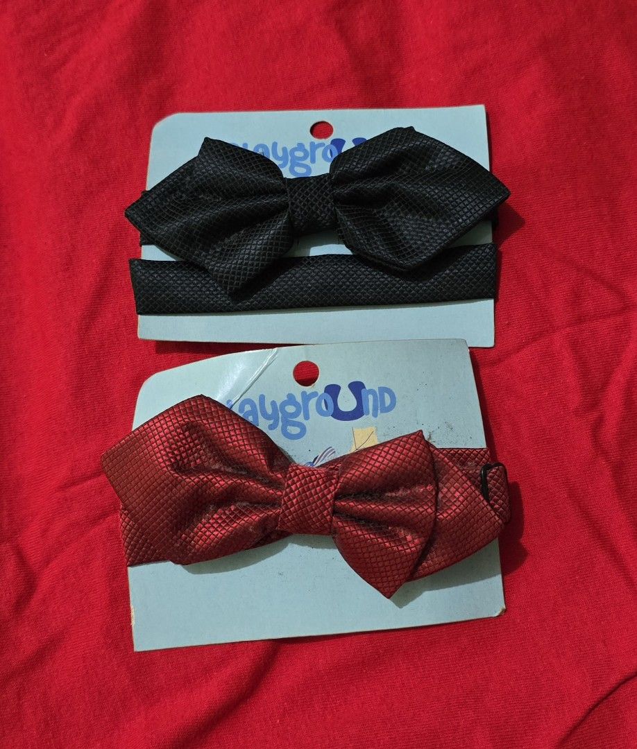 Bow ties (Category: Babies & Kids Fashion) located in Valenzuela. Submitted by SecondChances (Listing ID 1421979868, Image 1). Description: Set of two bow ties from Playground. Includes one black and one maroon bow tie. Each bow tie comes with a matching neckband. Perfect for formal events or adding a touch of style to any outfit..