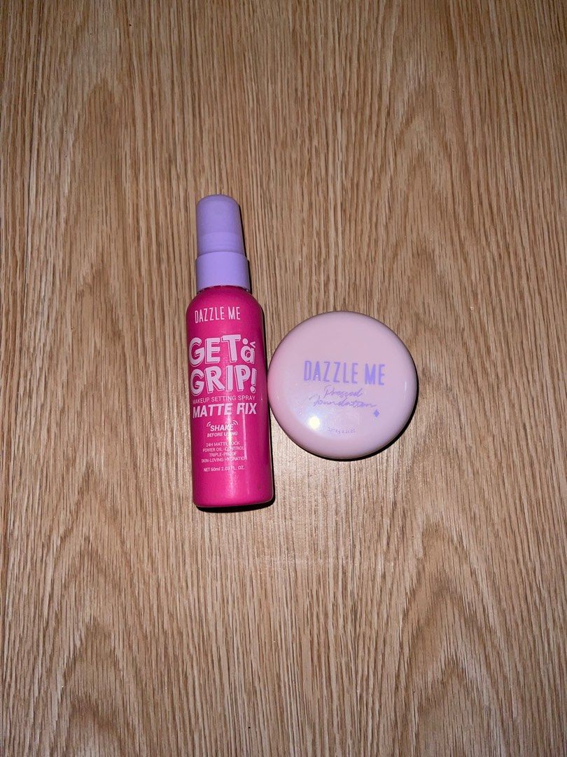 BUNDLE: Dazzle Me Makeup Setting Spray & Pressed Foundation (Category: Makeup) located in Caloocan City. Submitted by deejcortes (Listing ID 1421994359, Image 1). Description: TAKE ALL FOR 189PHP BARELY USED - SETTING SPRAY NEVER BEEN USED - PRESSED POWDER RFS: TOO MUCH MAKEUP DI NA NAGAGAMIT :(.