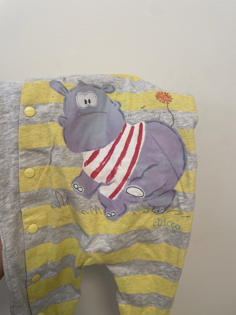 Chicco Baby Onesie 6 Months (Category: Babies & Kids Fashion) located in Mandaluyong City. Submitted by mclldmrl (Listing ID 1421970416, Image 3). Description: Adorable Chicco baby onesie, size 6 months. Features a cute elephant and hippo design with yellow and gray stripes. Includes snap closures for easy dressing. Made from soft fabric, perfect for your little one. New with tags..