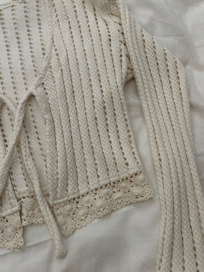 Cream Crochet Cardigan (Category: Coats, Jackets and Outerwear) located in Pasig City. Submitted by gdeclutterwithme (Listing ID 1422059062, Image 3). Description: - Cream crochet cardigan - Literally perfect for layering! my fav for wearing on top of my tube tops hihi - very nice texture huhu - Size fits from XS-S - No brand as I bought this in america - 15.3 x 15.5 dm for more details!!.
