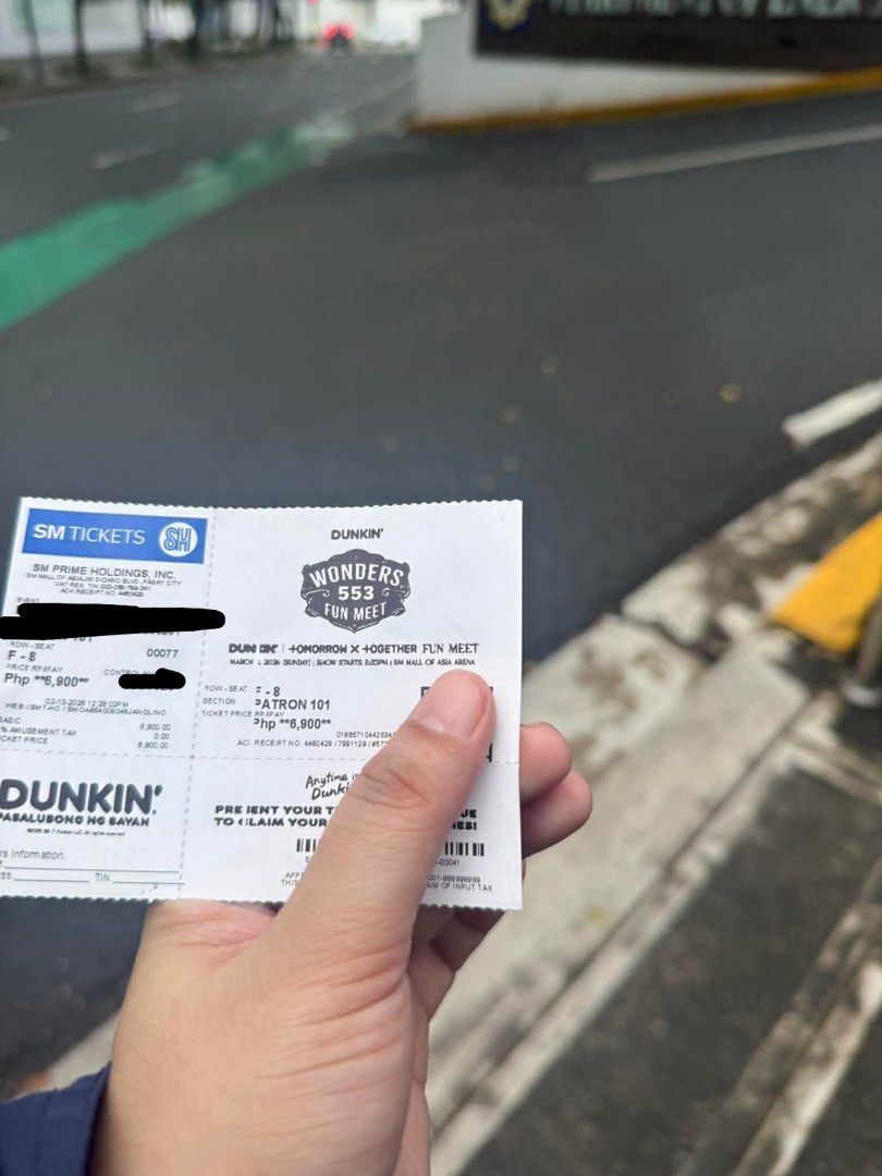 Dunkin' x Tomorrow X Together Fun Meet Ticket (Category: Events Tickets) located in Makati City. Submitted by siriiris (Listing ID 1422021659, Image 1). Description: - Dunkin' x Tomorrow X Together Fun Meet Ticket - Patron 101, Row F-8 - Event Date: March 26 - Price: Php 6,900 - Source: SM Tickets.