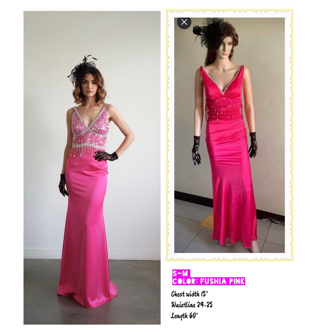 Fuchsia Pink Embellished Evening Gown (Category: Evening dresses & gowns) located in San Juan City. Submitted by matchlessgetup.ph (Listing ID 1421952216, Image 1). Description: Elegant fuchsia pink evening gown. Features a V-neckline with silver embellishments and a beaded fringe detail. The dress has a fitted bodice and a flowing mermaid skirt. Measurements: Chest width 15", Waistline 24-25", Length 60". Perfect for special occasions. Mop:gcash