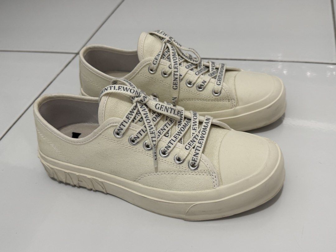 Gentlewoman Canvas Sneakers (Category: Sneakers) located in Mandaluyong City. Submitted by raqsnunez (Listing ID 1421992813, Image 2). Description: - Cream-colored Gentlewoman canvas sneakers - with light yellow stains (can be cleaned) -with box -plus shipping fee.