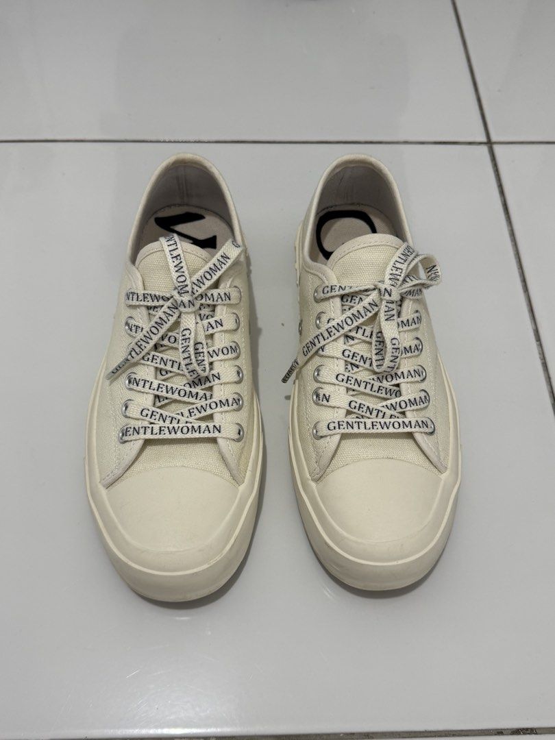 Gentlewoman Canvas Sneakers (Category: Sneakers) located in Mandaluyong City. Submitted by raqsnunez (Listing ID 1421992813, Image 1). Description: - Cream-colored Gentlewoman canvas sneakers - with light yellow stains (can be cleaned) -with box -plus shipping fee.