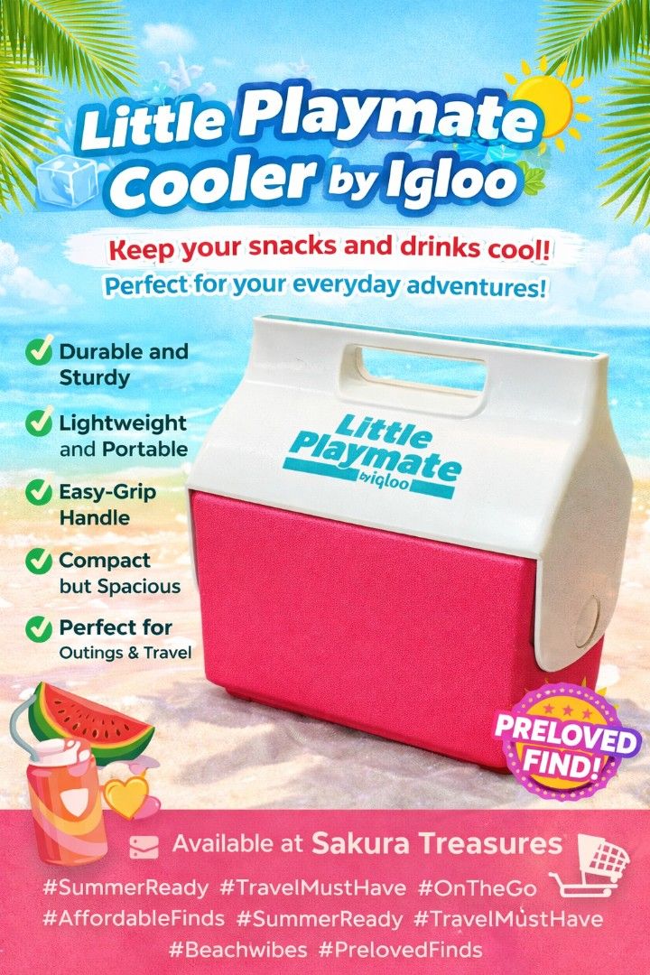 Igloo Little Playmate Cooler (Category: Food Organization & Storage) located in Binan City. Submitted by sakuratreasuresph (Listing ID 1421989615, Image 1). Description: Keep your snacks and drinks cool in style with this Little Playmate Cooler by Igloo – a fun and functional must-have for your everyday adventures! 🌞❄️ Perfect for picnics, beach trips, road travels, school, or office use, this compact cooler is lightweight and easy to carry. Its