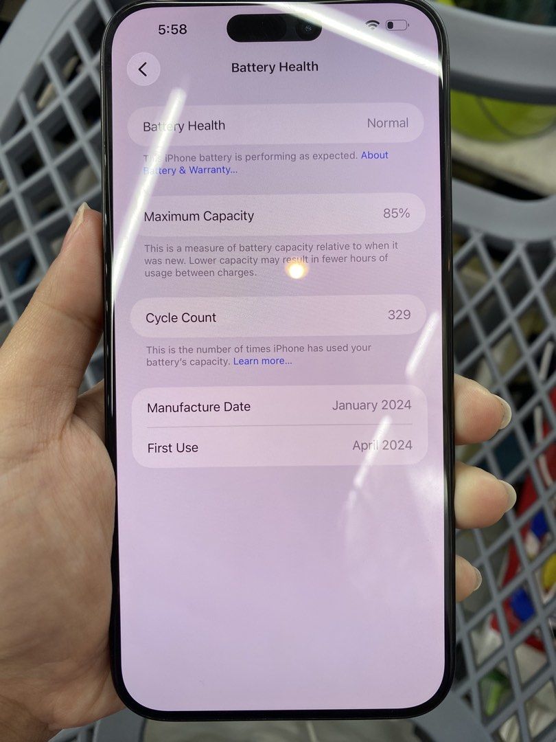 Iphone 15 Pro Max (Category: iPhone 15 Series) located in Baguio. Submitted by alexamae0151867 (Listing ID 1422011682, Image 3). Description: Iphone 15 Pro Max – ₱41,000 256GB STORAGE 85% Battery Health | 324 Cycle Counts Smart Locked For Sell or For Swap (Top-up depends on unit) 98% Smooth No Repairs 100% Original Parts NTC Approved Cash | GCash | Maya | Credit Cards | Bank Transfer .