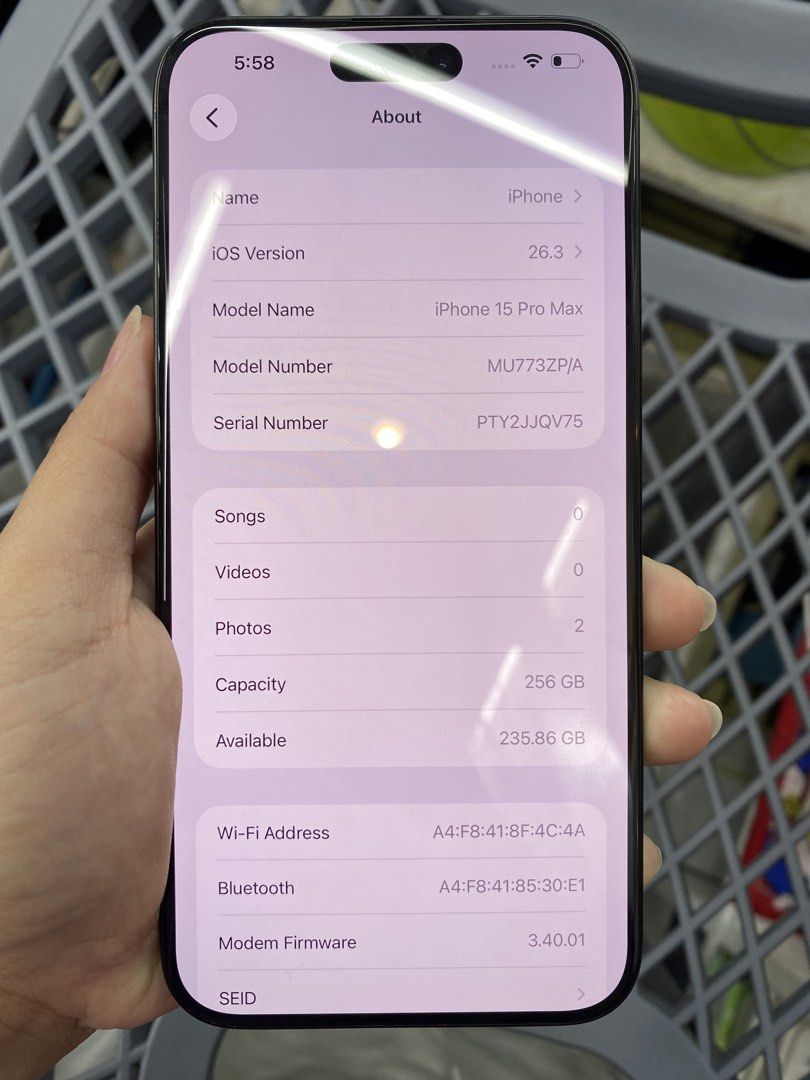 Iphone 15 Pro Max (Category: iPhone 15 Series) located in Baguio. Submitted by alexamae0151867 (Listing ID 1422011682, Image 2). Description: Iphone 15 Pro Max – ₱41,000 256GB STORAGE 85% Battery Health | 324 Cycle Counts Smart Locked For Sell or For Swap (Top-up depends on unit) 98% Smooth No Repairs 100% Original Parts NTC Approved Cash | GCash | Maya | Credit Cards | Bank Transfer .