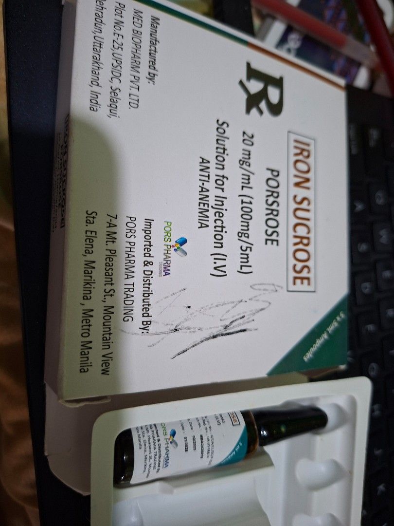 Iron Sucrose Porsrose 20mg/mL Injection (Category: Health Food, Drinks & Tonics) located in Valenzuela. Submitted by pixieworks64309 (Listing ID 1421996166, Image 1). Description: - Iron Sucrose Porsrose injection for anti-anemia. - Each ampoule contains 100mg/5mL solution. - For intravenous injection. - Contains 5 ampoules. - Manufactured by Med Biopharm Pvt. Ltd. - Imported and distributed by Pors Pharma Trading..