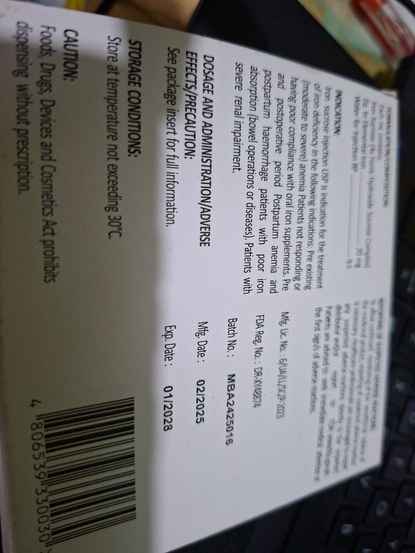 Iron Sucrose Porsrose 20mg/mL Injection (Category: Health Food, Drinks & Tonics) located in Valenzuela. Submitted by pixieworks64309 (Listing ID 1421996166, Image 2). Description: - Iron Sucrose Porsrose injection for anti-anemia. - Each ampoule contains 100mg/5mL solution. - For intravenous injection. - Contains 5 ampoules. - Manufactured by Med Biopharm Pvt. Ltd. - Imported and distributed by Pors Pharma Trading..