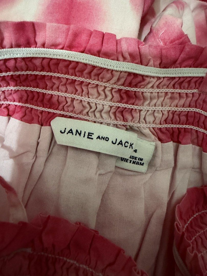 Janie and Jack Dress - Size 4 (Category: Babies & Kids Fashion) located in Marikina City. Submitted by satorrel (Listing ID 1421945233, Image 3). Description: - Janie and Jack dress, size 4 - Features a vibrant pink and white tie-dye design - Lightweight fabric, ideal for warm weather.