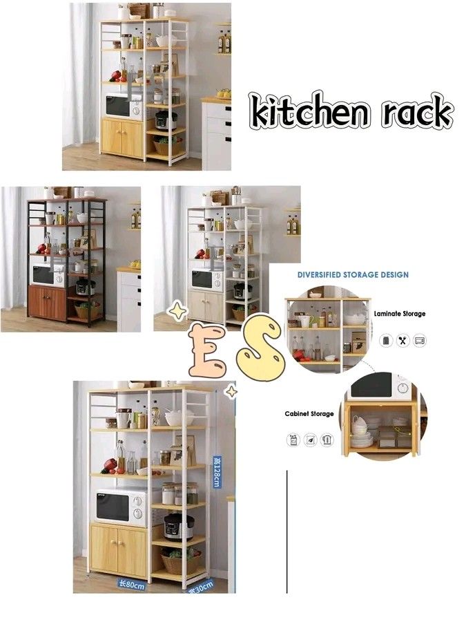Kitchen Rack with Microwave Space (Category: Other Kitchenware & Tableware) located in Makati City. Submitted by oideme (Listing ID 1421952472, Image 1). Description: Stylish kitchen rack with multiple shelves for storage. Features a dedicated space for a microwave and cabinet storage. The rack has a wooden and metal frame. It offers diversified storage design for kitchen essentials. Dimensions are approximately 128cm height, 80cm width, and 30cm