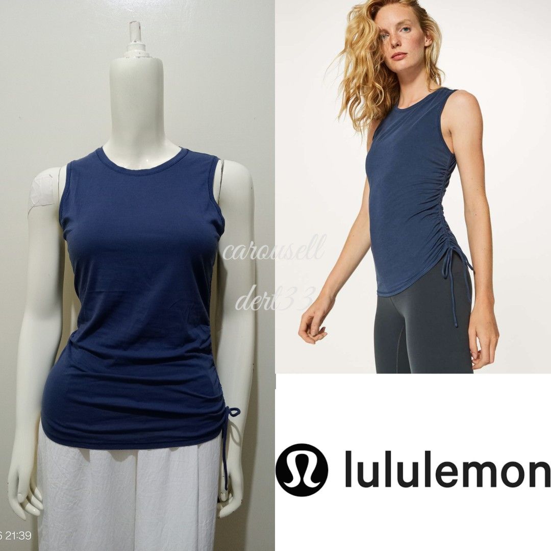 🇯🇵Lululemon Cinch It Top (S-M) (Category: Activewear) located in Baguio. Submitted by dert33 (Listing ID 1422067988, Image 1). Description: Navy blue Lululemon sleeveless tank top. Features a round neckline and adjustable side ruching. The tank top has a fitted silhouette. Perfect for workouts or casual wear..