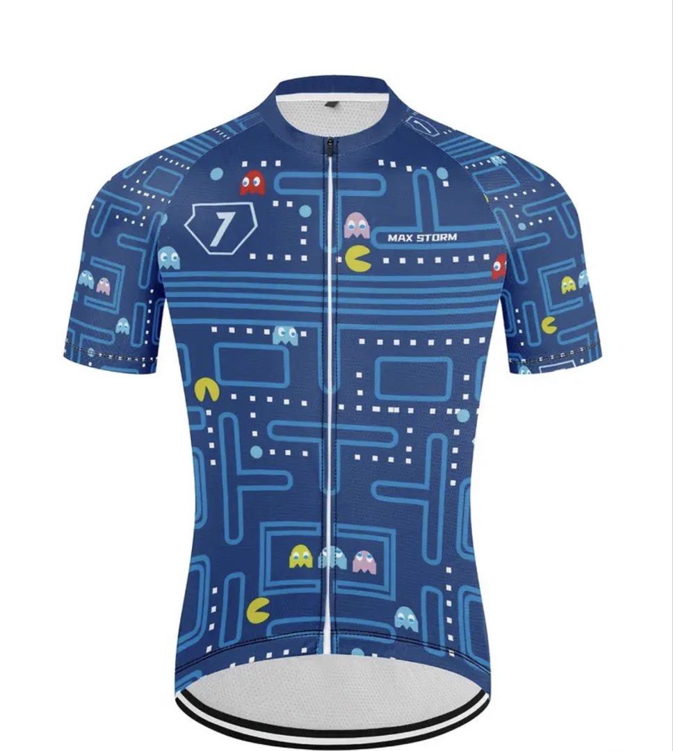 Max Storm Pac-Man Cycling Jersey (Category: Activewear) located in Quezon City. Submitted by ronsatch (Listing ID 1421941183, Image 2). Description: - Max Storm cycling jersey - Pac-Man design - Blue color with maze pattern - Full-length zipper - Short sleeves - Size S to M - Breathable material.