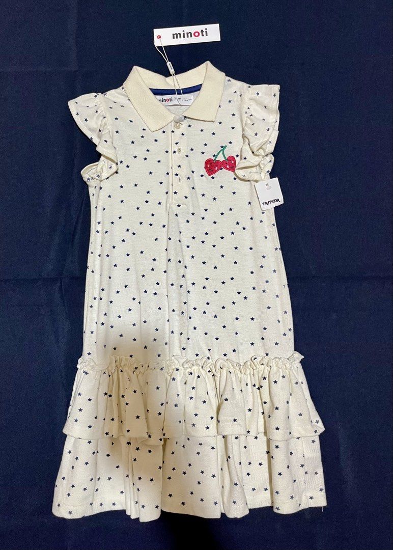 Minoti Star Print Dress (Category: Babies & Kids Fashion) located in Lipa City. Submitted by michaela11 (Listing ID 1422043260, Image 1). Description: - Minoti dress with star print and cherry embroidery - Collared neckline - Ruffled sleeves and hem - Made in India - Size: 4-7 years (116/122cm).