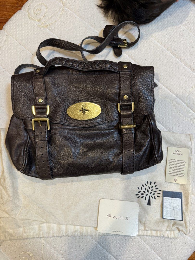 Mulberry Alexa Soft Buffalo Leather Bag (Category: Luxury Bags & Wallets) located in Manila. Submitted by pam.pam4 (Listing ID 1421967565, Image 1). Description: - Authentic Mulberry Alexa bag - Dark brown "Soft Buffalo" leather - Braided top handle and detachable shoulder strap - Flap closure with postman's lock - Gold-tone hardware - Includes dust bag and care card.