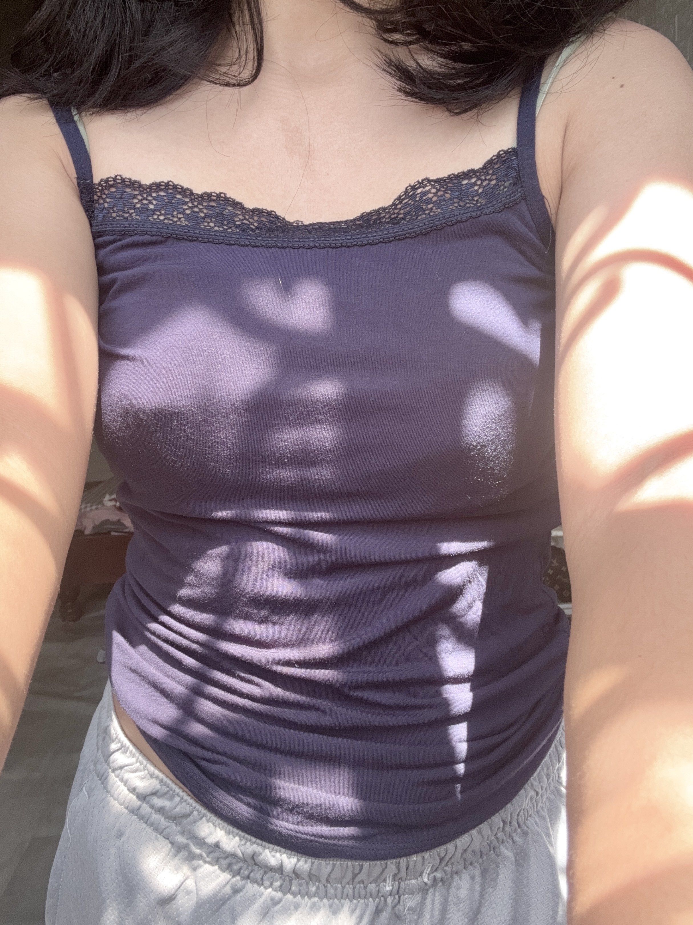 Navy Blue Lace Trim Tank Top (Category: Sleeveless) located in Manaoag. Submitted by park.chim (Listing ID 1421968956, Image 2). Description: - Navy blue tank top - Delicate lace trim on neckline - Thin spaghetti straps - Simple, fitted design - Made from soft, lightweight fabric - Ideal for warm weather - Versatile and easy to style.