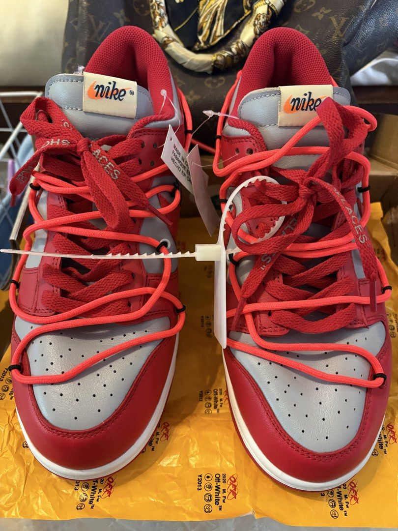 Off-White x Nike Dunk Low Red (Category: Sneakers) located in Manila. Submitted by reginaski68914 (Listing ID 1421855595, Image 3). Description: Nike Off-White Dunks University Red Fitted only, brand-new dead stock Price is negotiable.