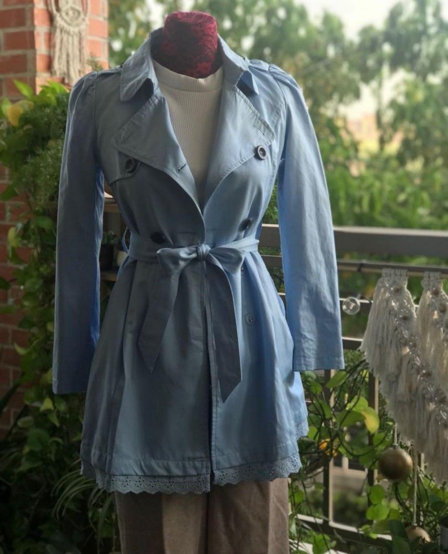 Powder Blue Semir Trench Coat (Category: Coats, Jackets and Outerwear) located in Manila. Submitted by pippintook (Listing ID 1421965024, Image 1). Description: - Semir light blue trench coat - Size: S on tag, good for small body frame.