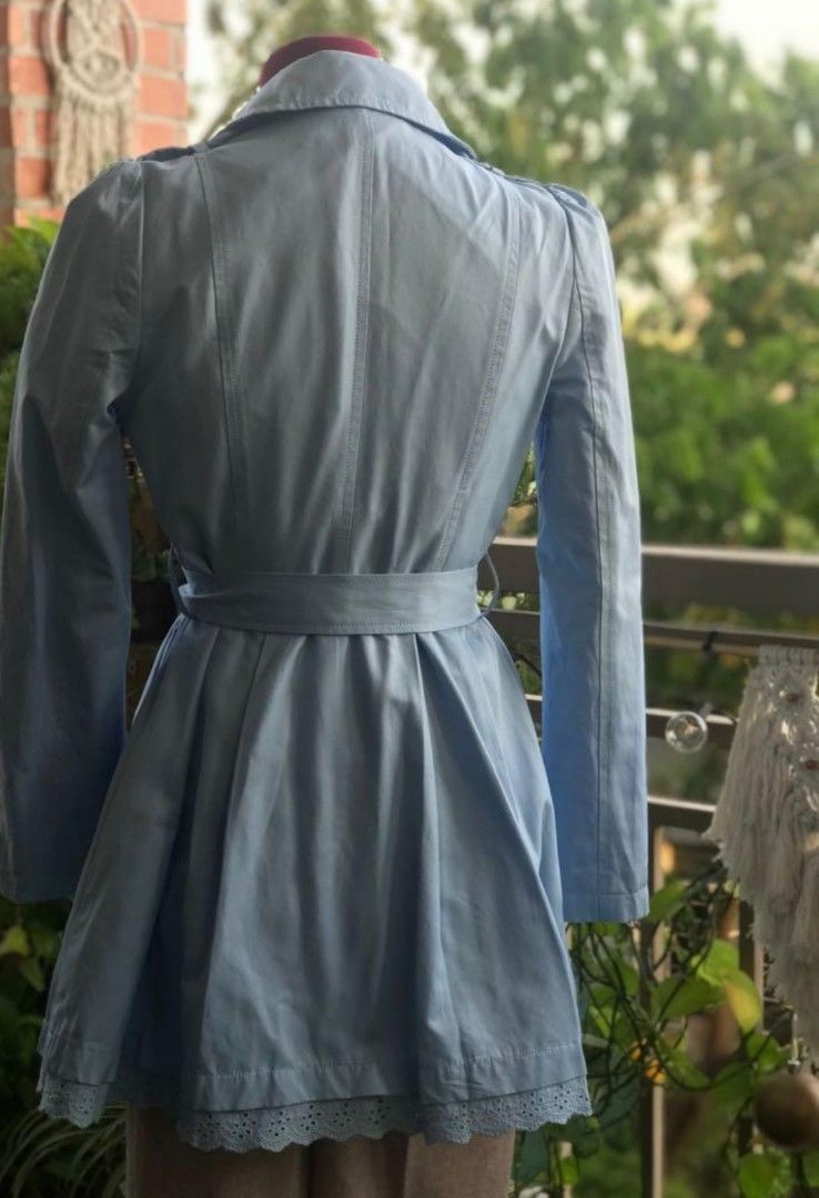 Powder Blue Semir Trench Coat (Category: Coats, Jackets and Outerwear) located in Manila. Submitted by pippintook (Listing ID 1421965024, Image 3). Description: - Semir light blue trench coat - Size: S on tag, good for small body frame.