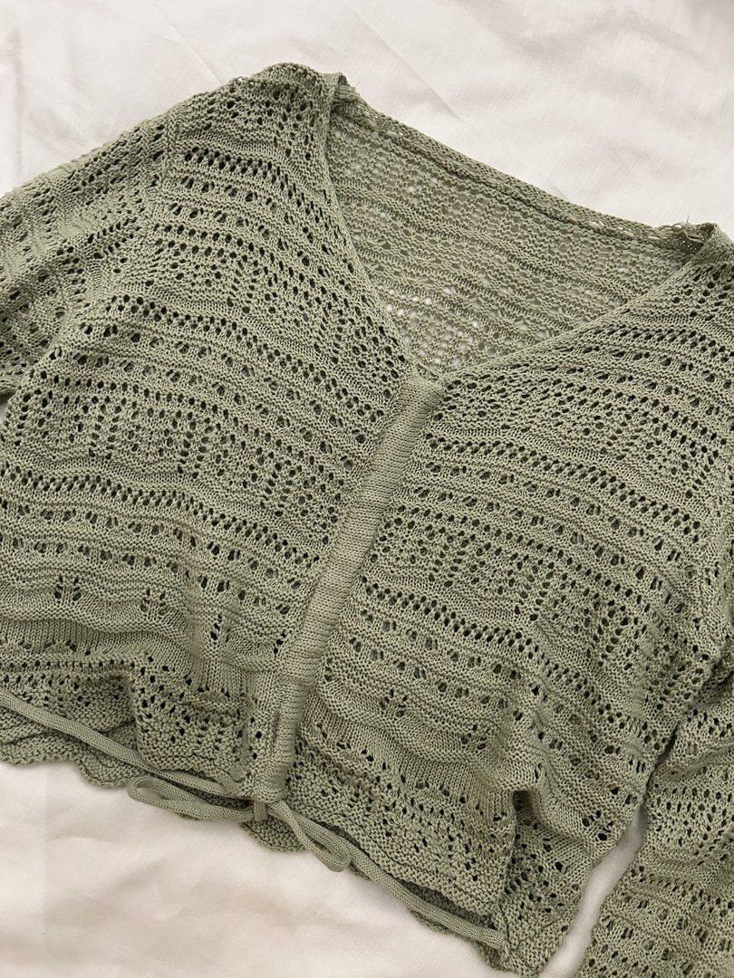 Sage Crochet Cardigan (Category: Coats, Jackets and Outerwear) located in Pasig City. Submitted by gdeclutterwithme (Listing ID 1422057659, Image 2). Description: - Sage crochet cardigan - Very nice for over a tube top or cover up!! - It is no brand as I bought this abroad! - Size: XS-M - 19.6 x 16.5 - dm for more details!:)).