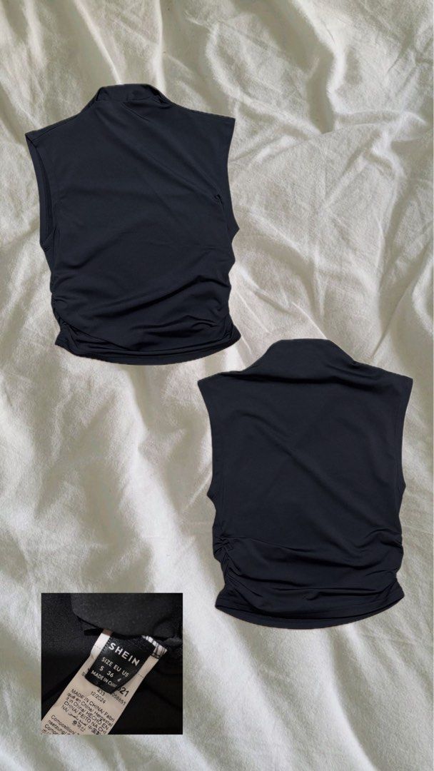 SHEIN Black Sleeveless Top (Category: Sleeveless) located in Pamplona. Submitted by charmlin (Listing ID 1421988114, Image 1). Description: - SHEIN black sleeveless top - Features a mock neck and ruched detailing - Size: EU 36 / US 4 - Made in China - Solid black color - Smooth, possibly stretchy fabric - Great for layering or wearing alone.