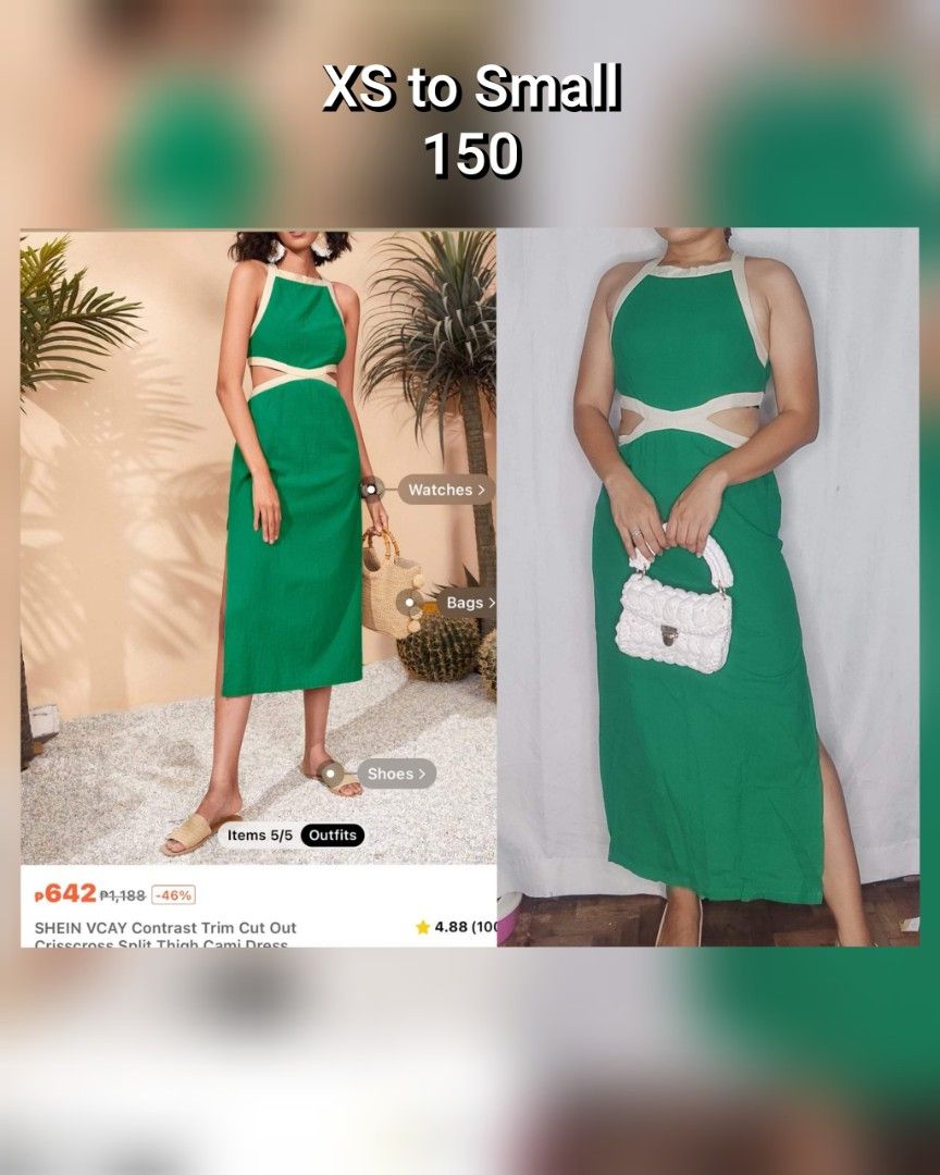 SHEIN Green Cut Out Dress (Category: Dresses) located in Pasig City. Submitted by elapott (Listing ID 1422053345, Image 1). Description: Preloved (mostly used once and shein brand) Loc. Pasig .