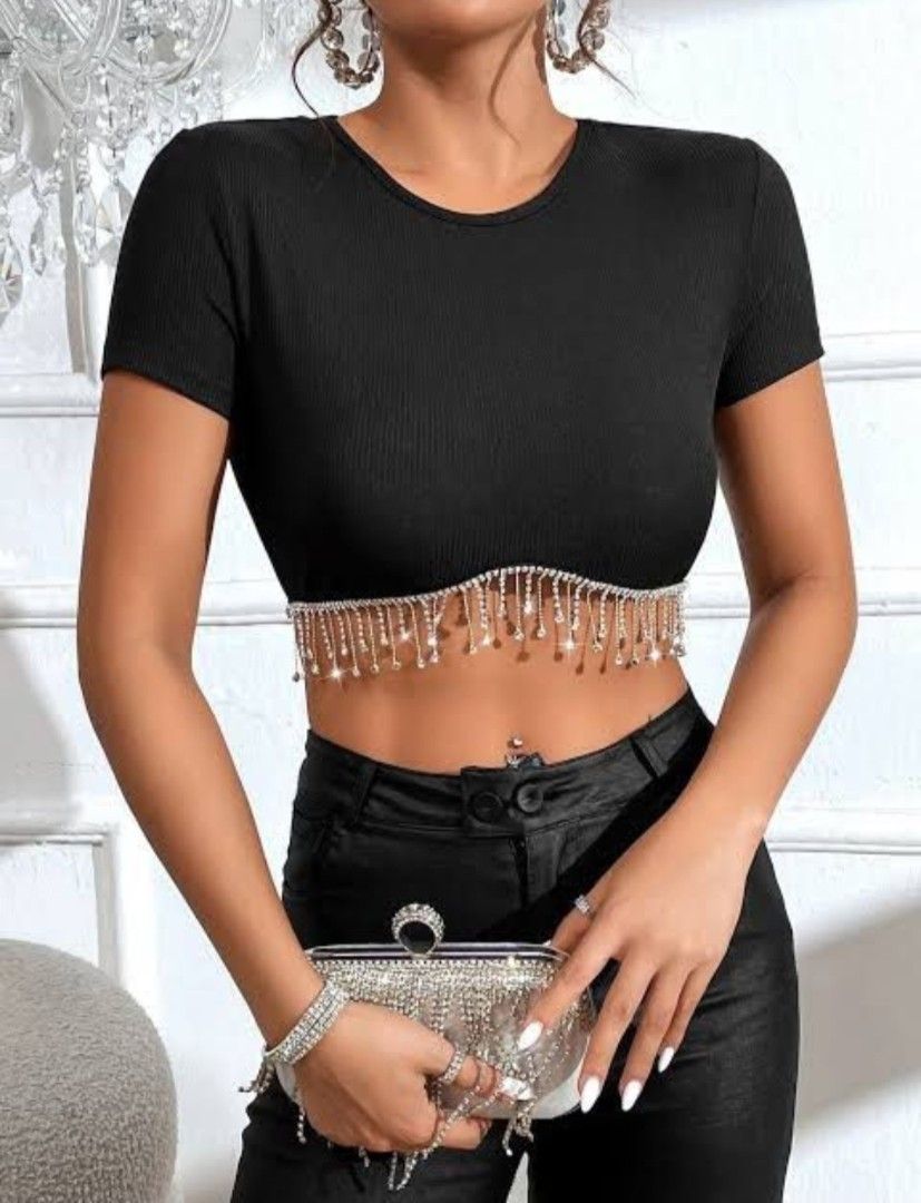 SHEIN Rhinestone Fringe Crop Top (Category: Others Tops) located in San Mateo. Submitted by Closet_times (Listing ID 1421994821, Image 1). Description: - Black crop top - Rhinestone fringe detail - Round neckline - Short sleeves - Size: Small.