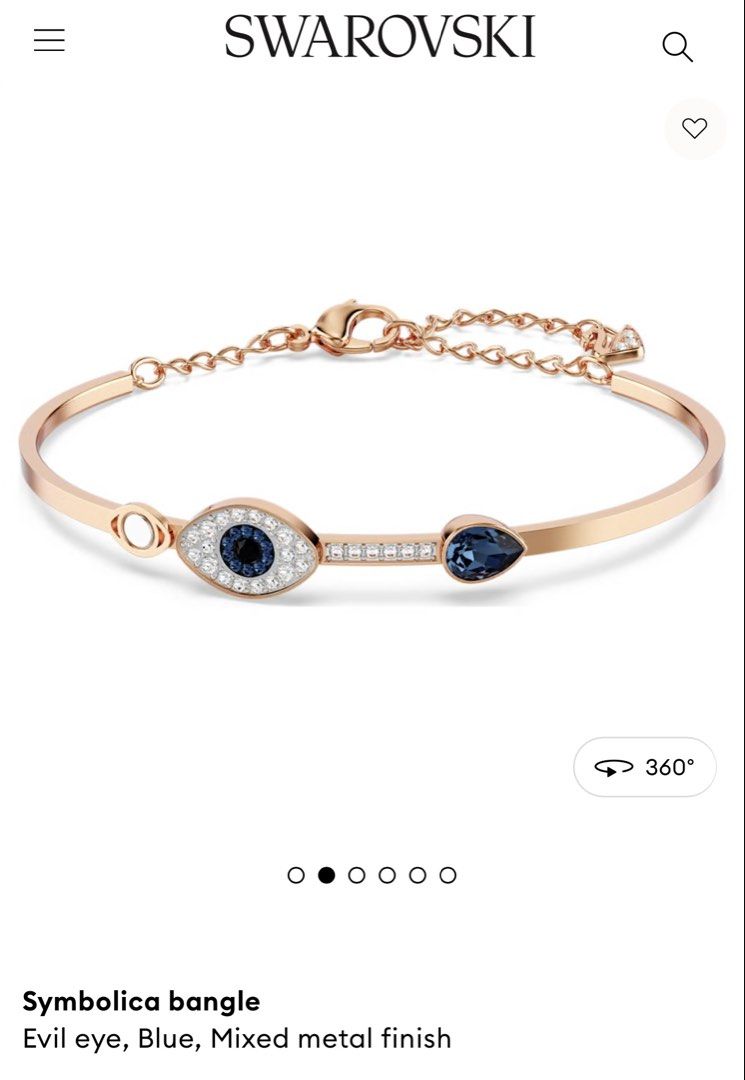 Swarovski Symbolica Evil Eye Bangle (Category: Bracelets) located in Cavite. Submitted by cha____r (Listing ID 1422040256, Image 1). Description: Description from Swarovski website: This stunning mixed-plated bangle offers a striking contrast between rose gold-plated metal, crystal pavé, and blue crystals. Featuring two eye motifs and a blue crystal drop, it has an adjustable closure for a secure fit. Mix and match with other bangles for a trendy