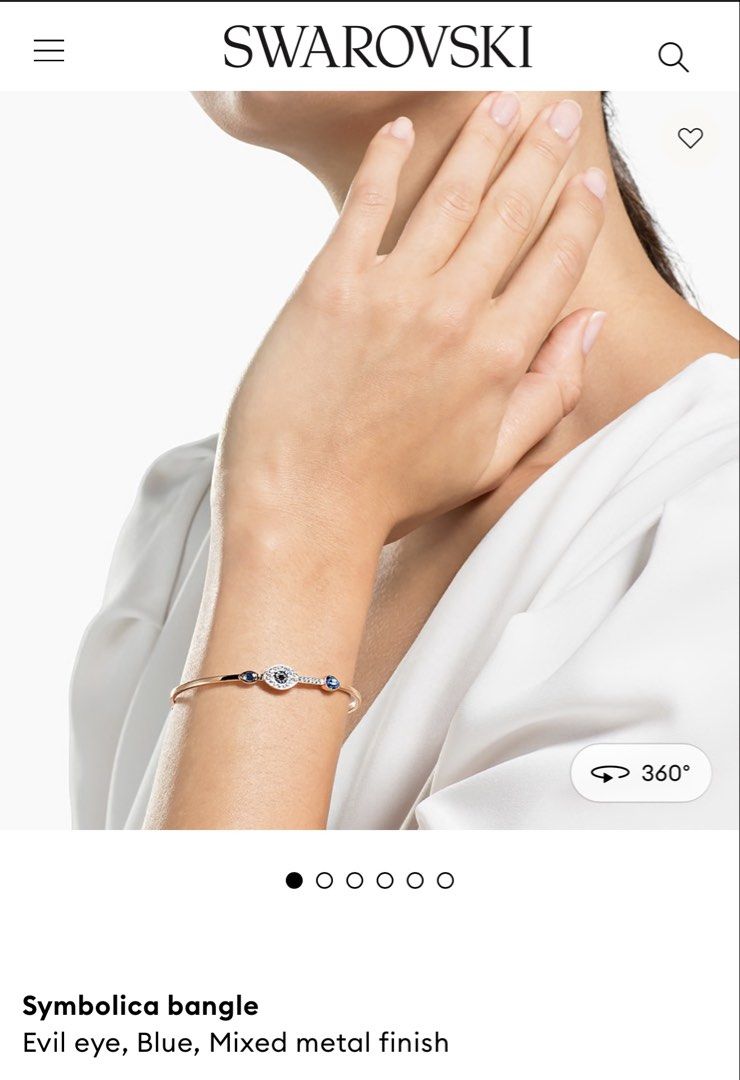 Swarovski Symbolica Evil Eye Bangle (Category: Bracelets) located in Cavite. Submitted by cha____r (Listing ID 1422040256, Image 2). Description: Description from Swarovski website: This stunning mixed-plated bangle offers a striking contrast between rose gold-plated metal, crystal pavé, and blue crystals. Featuring two eye motifs and a blue crystal drop, it has an adjustable closure for a secure fit. Mix and match with other bangles for a trendy