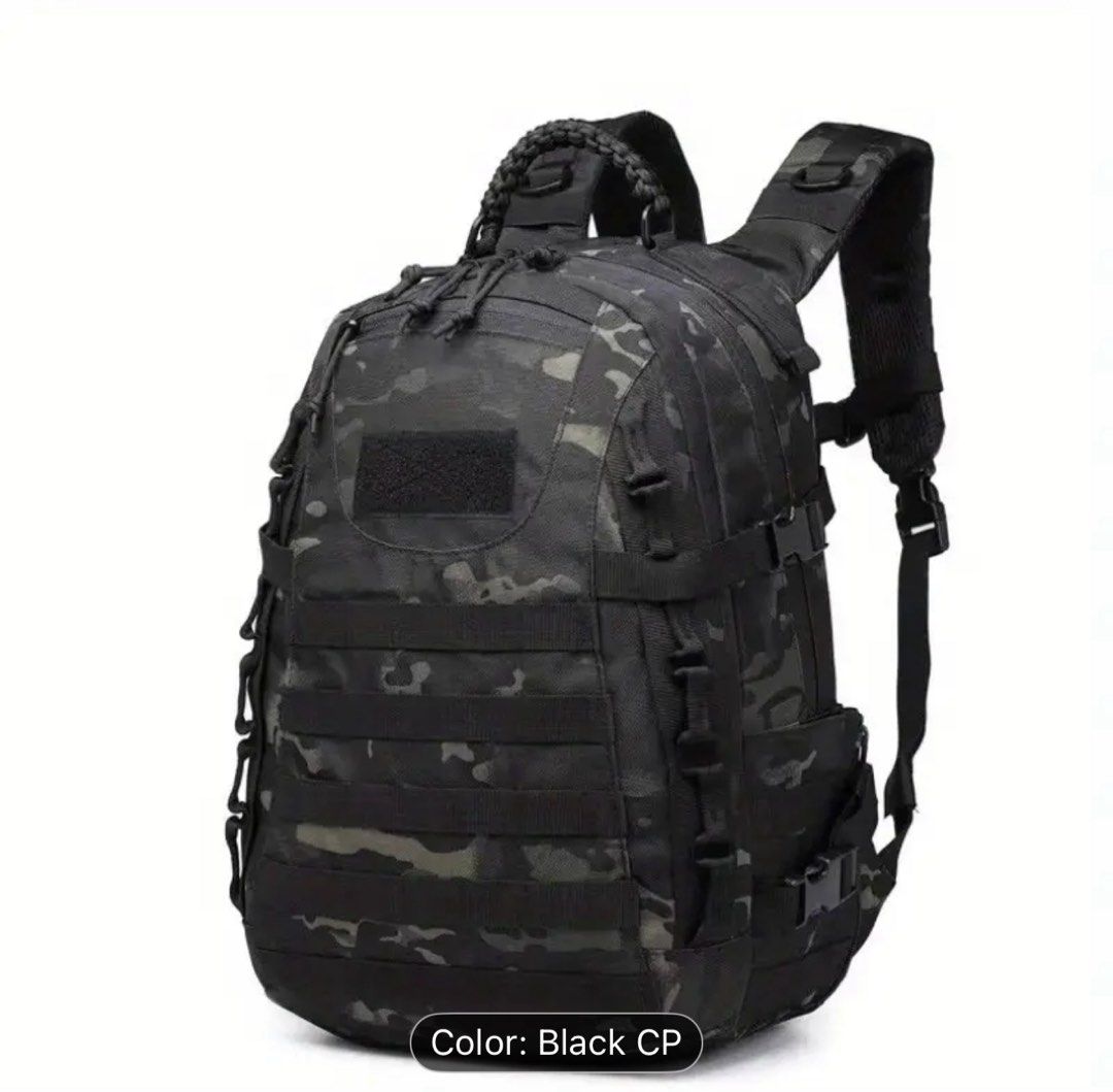 Tactical Backpack Black CP Camo (Category: Backpacks) located in Quezon City. Submitted by ronsatch (Listing ID 1421941798, Image 1). Description: - Black CP camouflage tactical backpack - Durable construction - Multiple compartments for storage - MOLLE webbing for attaching extra pouches - Padded shoulder straps for comfort - Breathable mesh back panel - Top handle for carrying - Ideal for outdoor activities and everyday use - Comes in a plastic