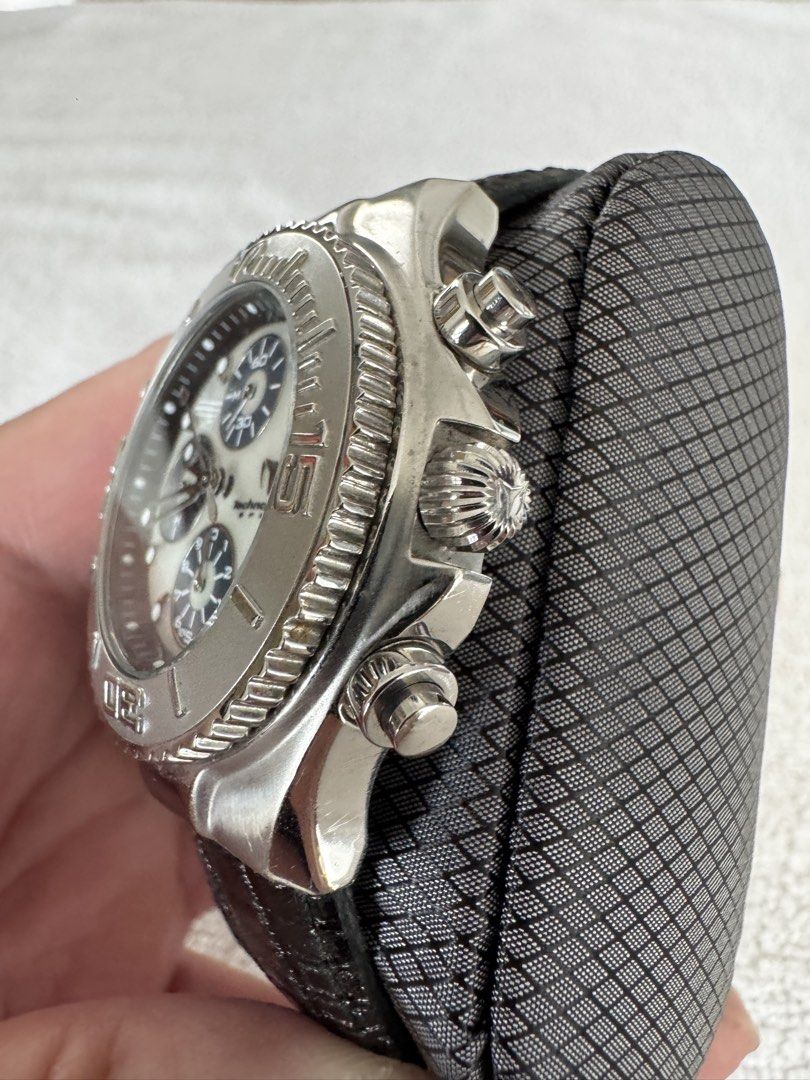 TechnoMarine Sport Chronograph Watch (Category: Men's Watches) located in Pasig City. Submitted by funnelboy (Listing ID 1421998757, Image 3). Description: TechnoMarine Sport chronograph watch with a silver-tone stainless steel case and a black leather strap. Features a mother-of-pearl dial with three sub-dials and luminous hands and markers. The bezel has engraved numerals. Includes chronograph pushers and a crown. The watch also has a date disp