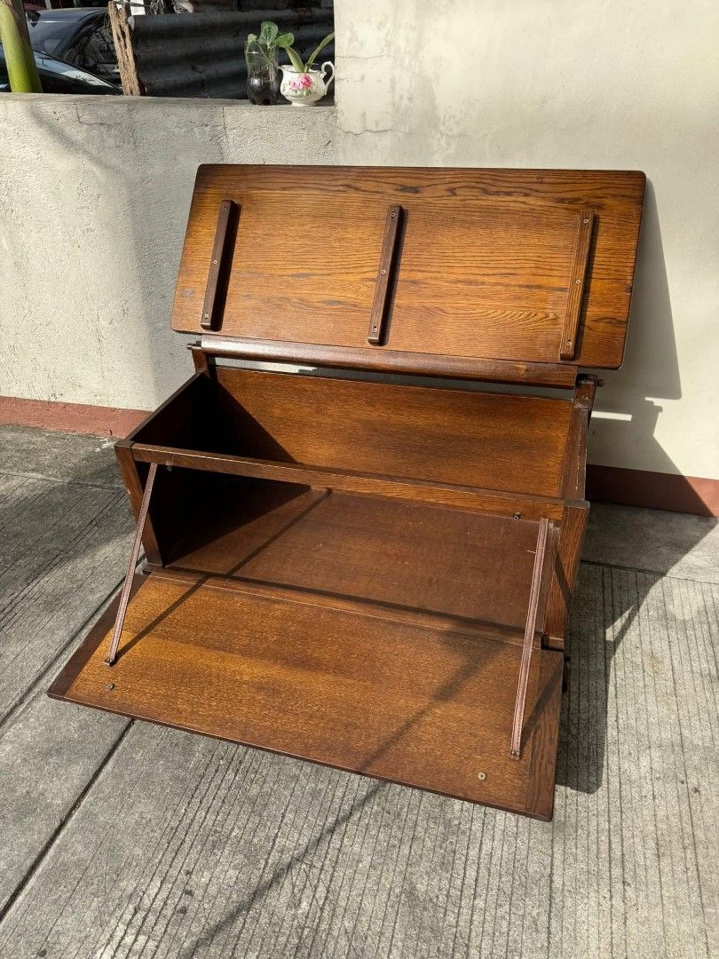 Vintage Wooden Storage Chest Box (Category: Storage Boxes & Baskets) located in Quezon City. Submitted by dannikkishoppe2 (Listing ID 1422008787, Image 2). Description: Vintage Wooden Storage Chest Box‼️₱9800‼️ Top lifts and the front folds down, super convenient. Great for shoes, linens, tools, random life clutter you don’t want lying around. Top part and frame are solid wood Sides are particleboard This one is quite heavy Used but still in good