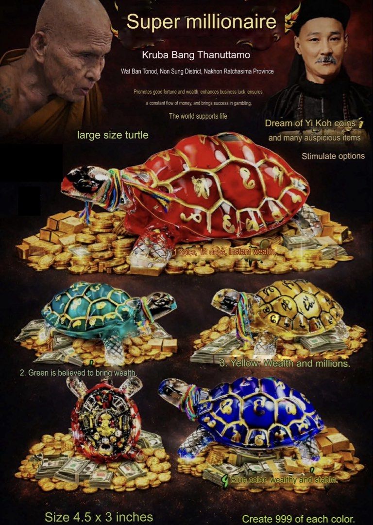 Wealth Turtle (Category: Religious Items) located in Singapore. Submitted by authenticollection89 (Listing ID 1422054513, Image 1). Description: 💥💥💥Open for orders💥💥💥 🐢🐢Ying Yu Hong Turtle..Super Rich #Worship Size🐢🐢 🙏🙏Kruba Bang Thanuttamo🙏🙏 🎉🎉🎉Available items are as follows🎉🎉🎉 ❤️Item 1 = Red - Instant Wealth 💚Item 2 = Green - Attracting Wealth 💛Item 3 = Yellow - Millionaire Wealth 💙Item 4 = Blue - Abundant Wealth 🌀🌀Size