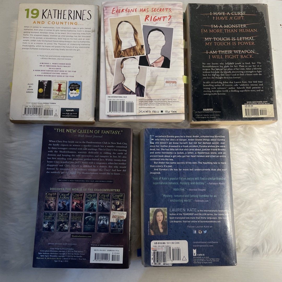 Young Adult Paperback Books (Category: Storybooks) located in Taguig. Submitted by d968cf0b5252f364e60dafe74f5615 (Listing ID 1421954082, Image 3). Description: An Abundance of Katherine - 250 One of Us is lying - 300 Shatter Me - 150 City of Bones - 180 Tearsrop - 180 📍 Location- Banai Covered Court Taguig Can give discounts for bundles. Sure buyer only, lets not waste time. 🙏.